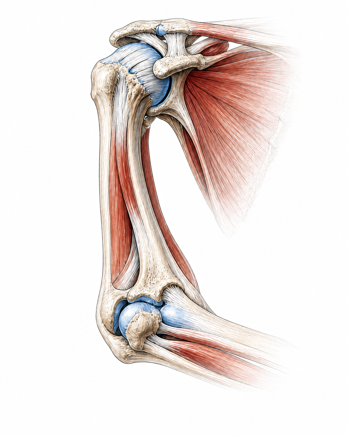 Editorial anatomical illustration of the shoulder, upper arm, and elbow