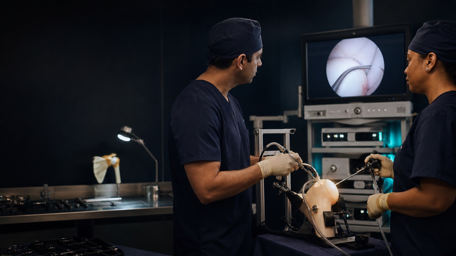 Editorial illustration of shoulder arthroscopy training